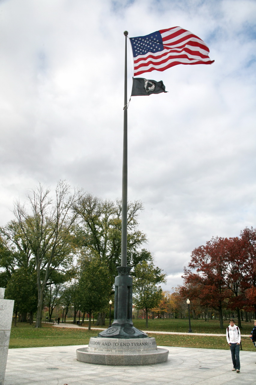 an american flag flying next to a small black and white fire hydrant