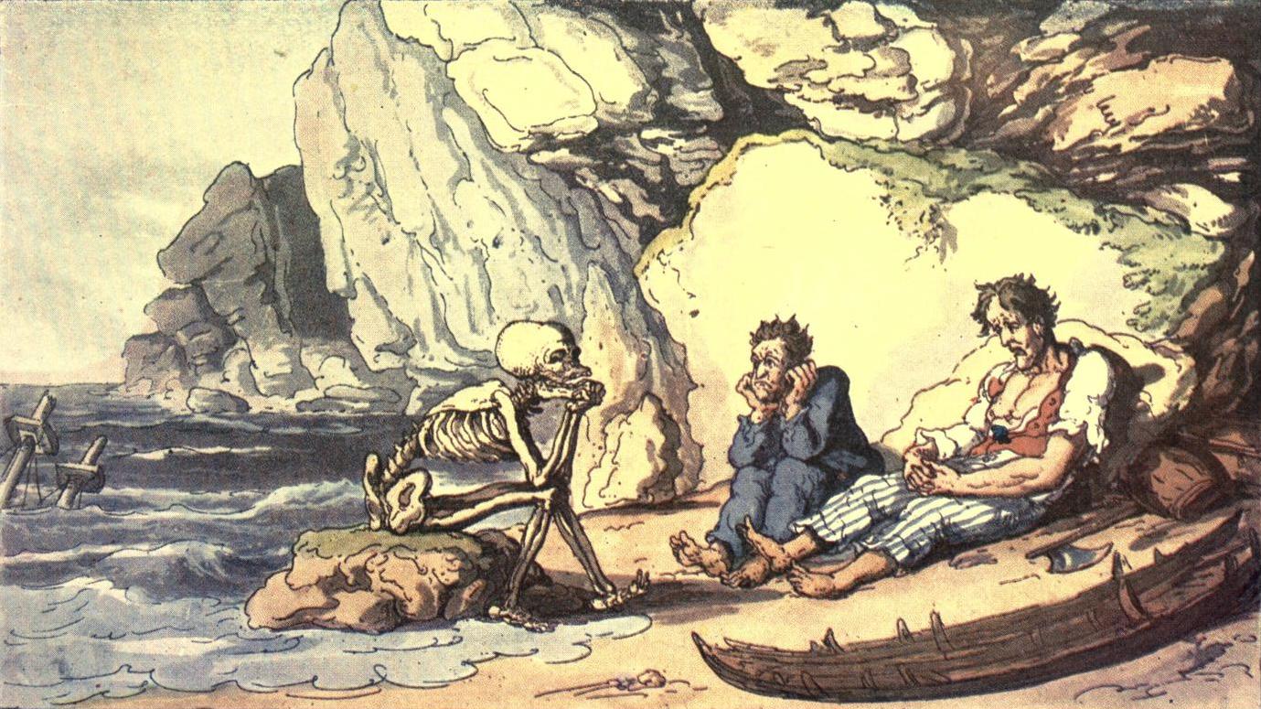two men are sitting next to a skeleton