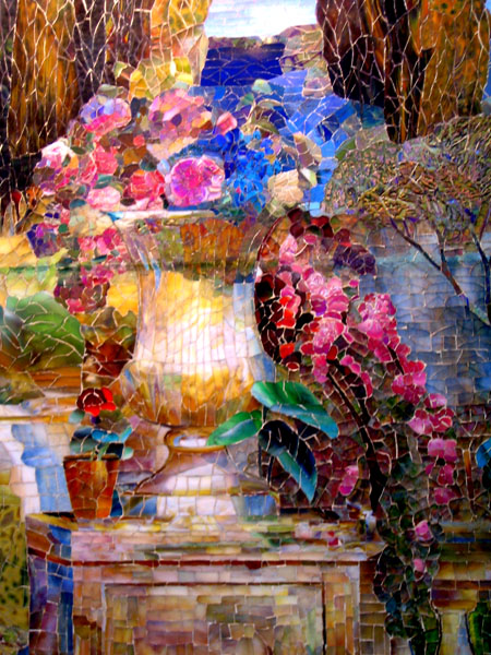 painting of vases on table with flowers and vases with trees