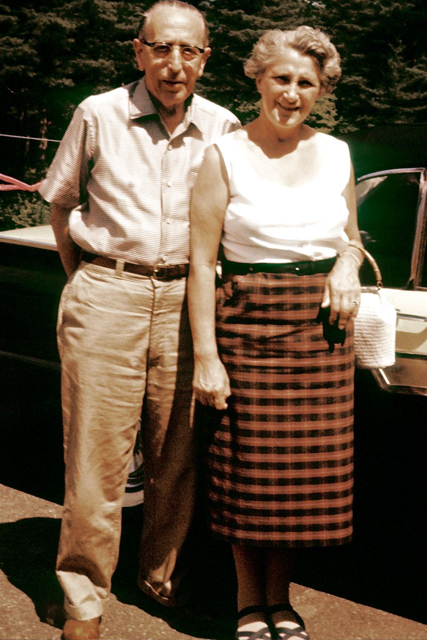 an older couple pose in front of a car