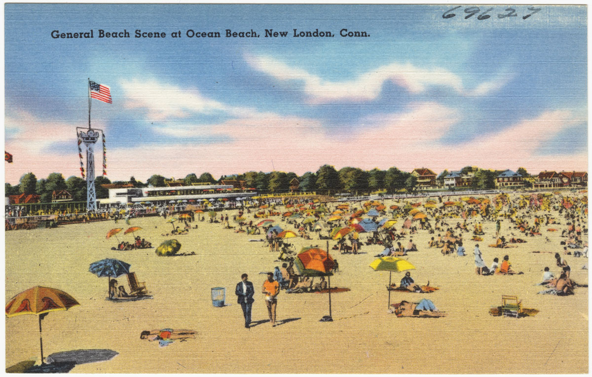 a postcard depicting a crowded beach with lots of people