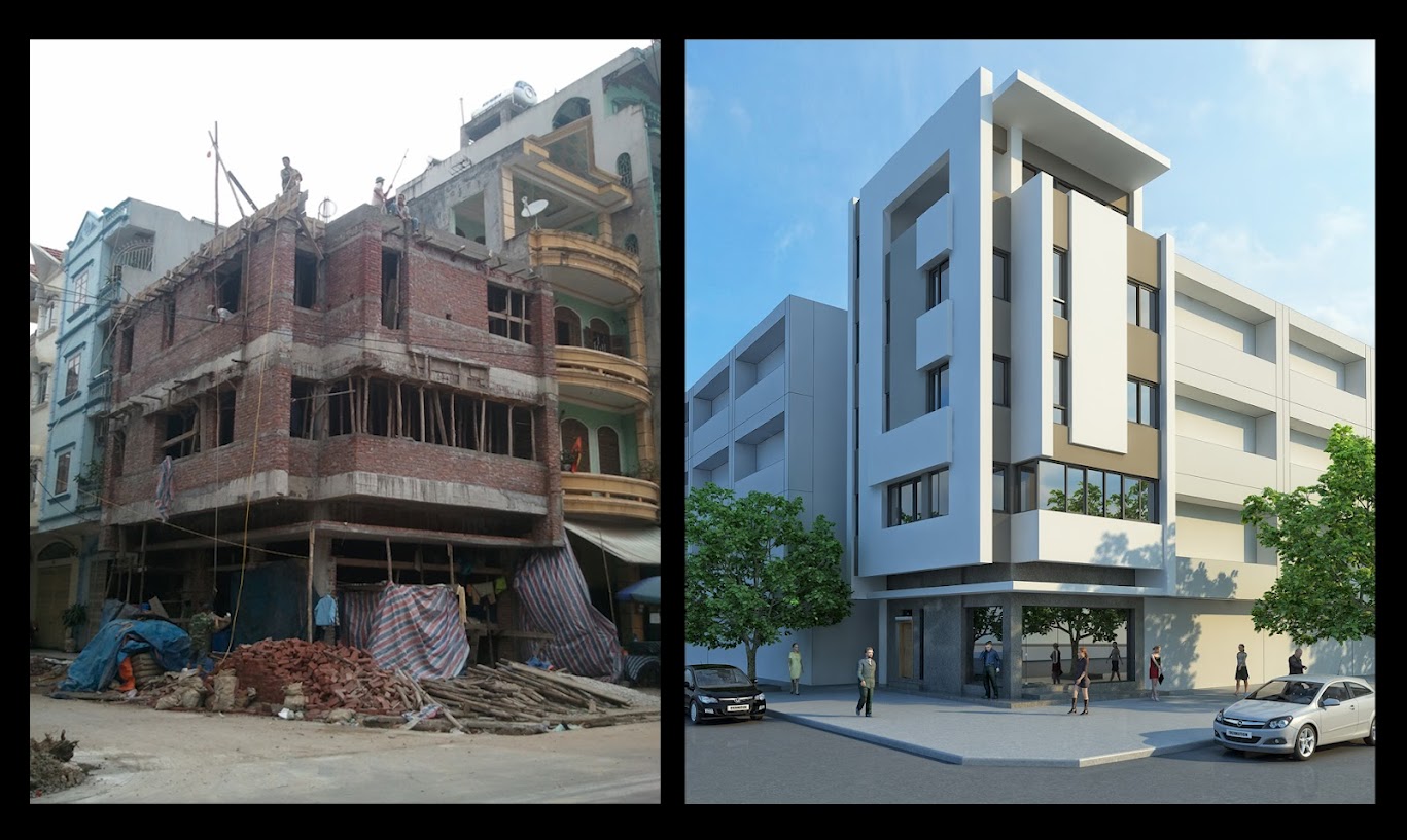 two buildings with different heights, different windows and a few people standing on the street