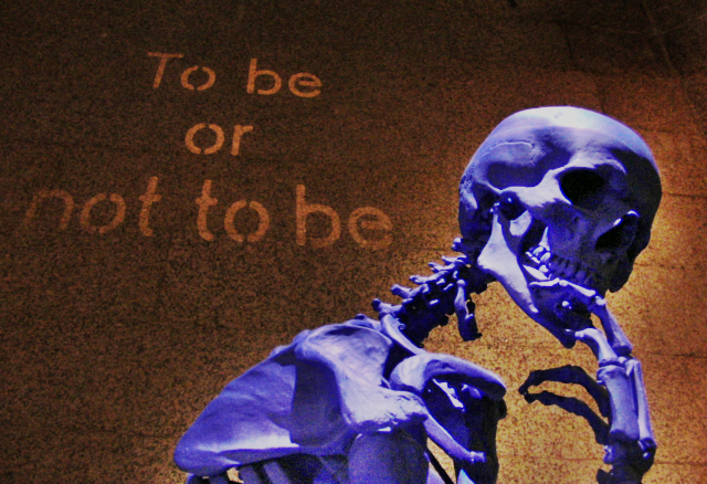 a blue human skeleton next to an inscription