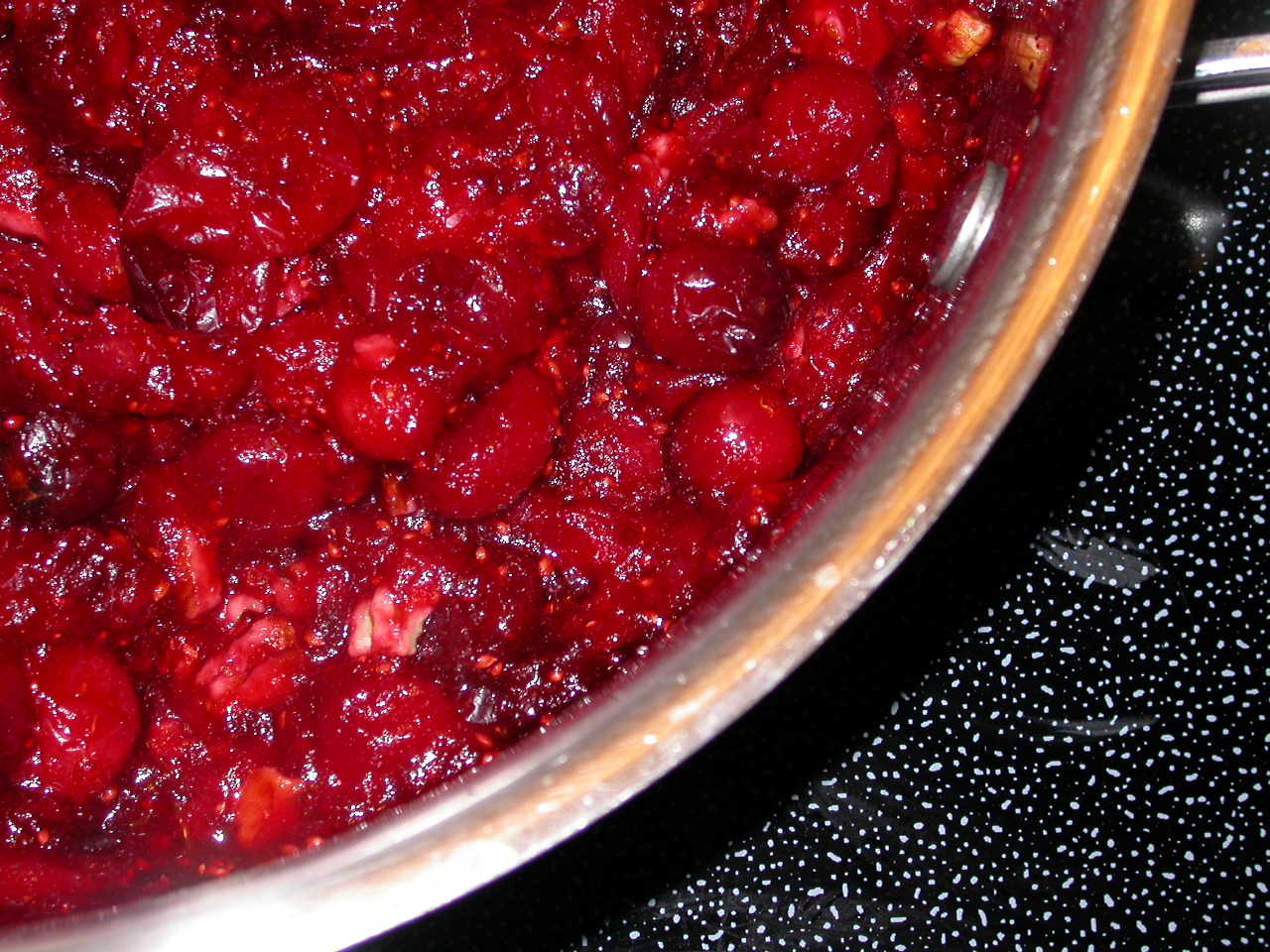 closeup of a pot filled with cranberry sauce