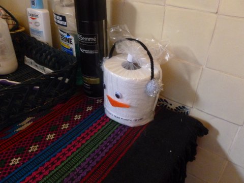 some toilet paper rolls and a bottle of water on a towel