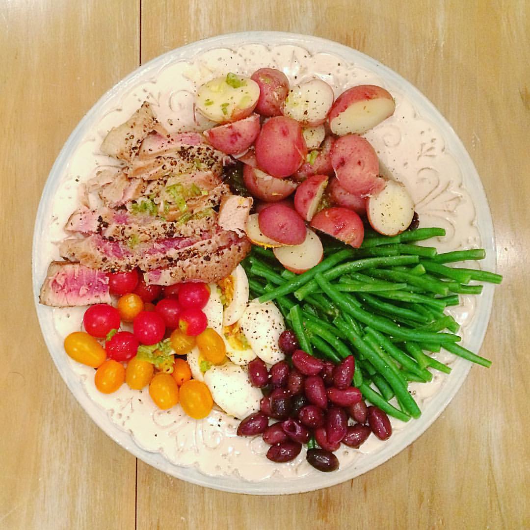 a plate with a bunch of different vegetables and meat