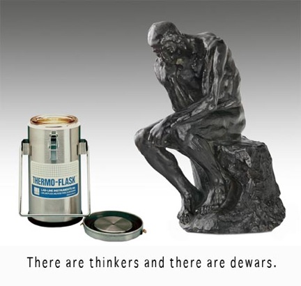 the picture features a statue of an older man sitting on a stump beside an aeroid can with an empty lid