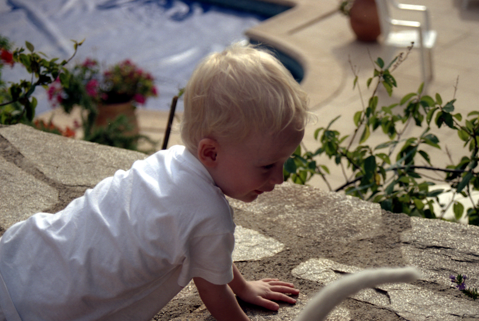 a baby looking down on a small white object