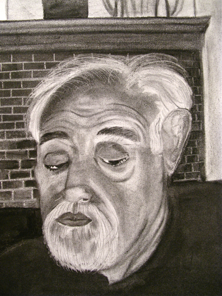a drawing of a man wearing glasses and a brick wall in the background