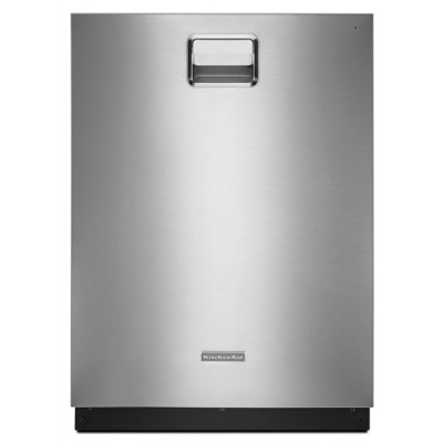 a stainless steel dishwasher with the front controls up