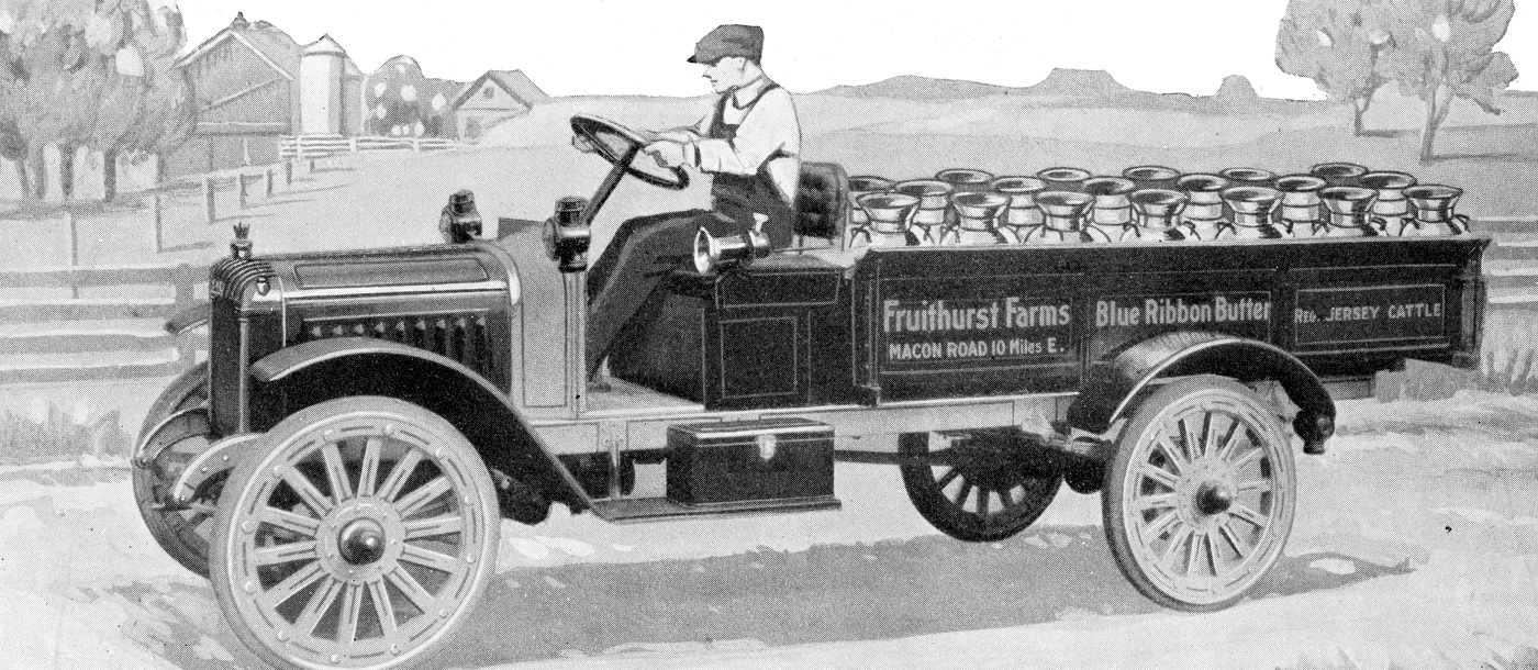 a drawing of an old truck with a man on top