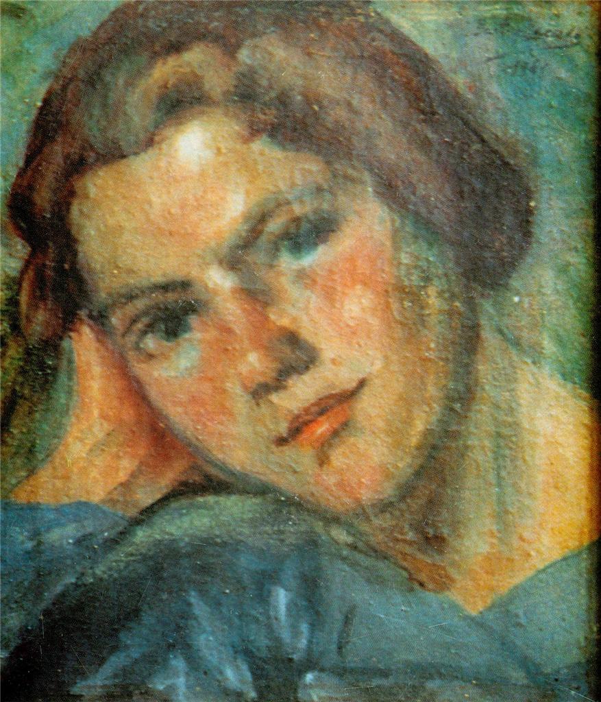 a close up of the painting shows the face and shoulders of a young woman