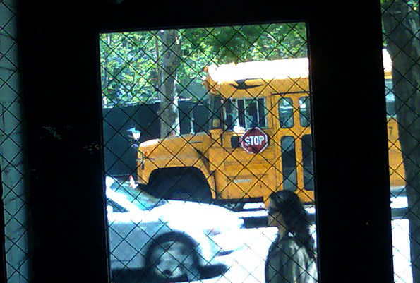 children are walking up the stairs by a school bus