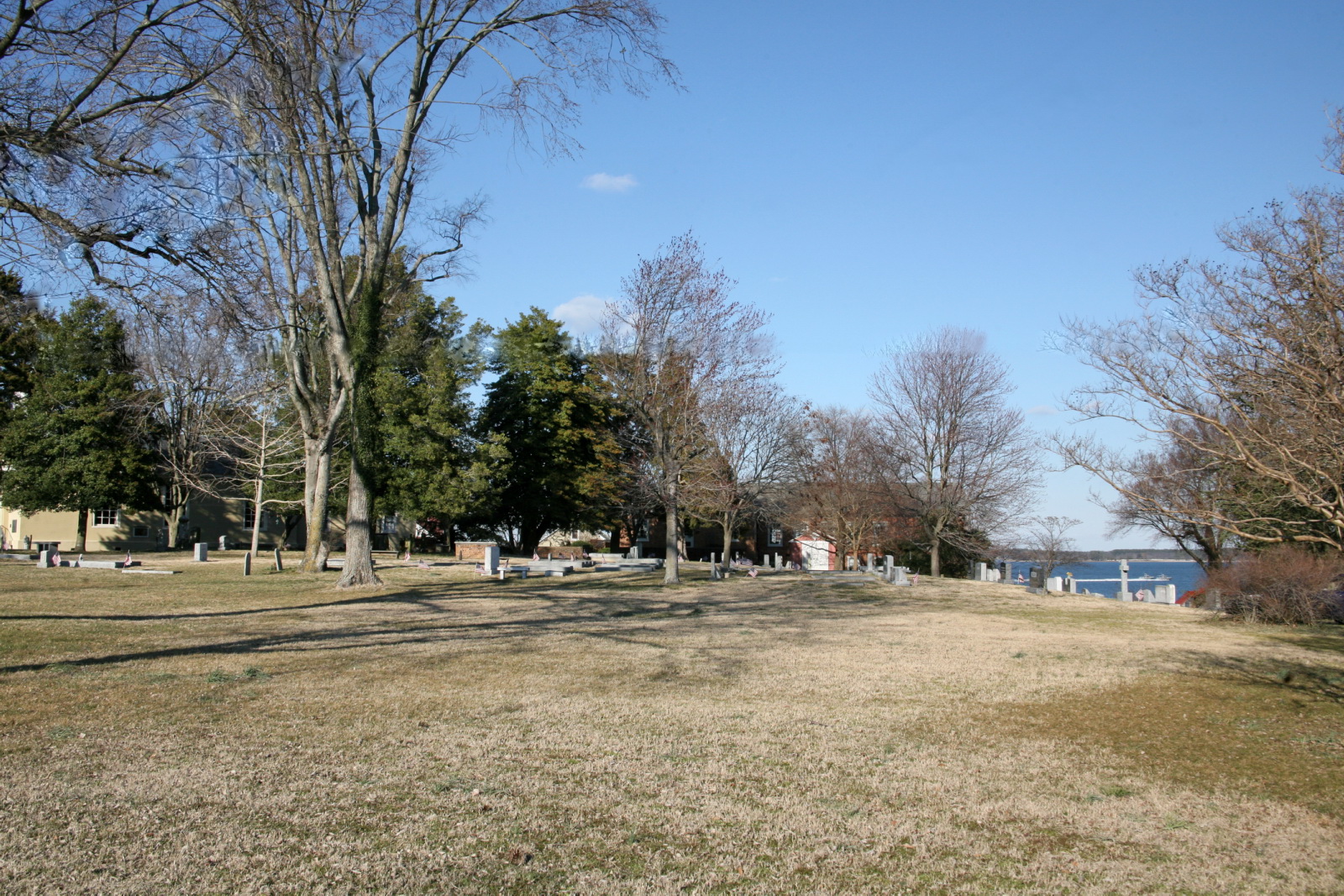 a cemetery along the water is in front of some trees