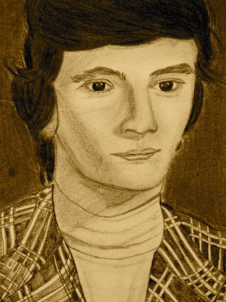 a drawing of a young man with dark hair