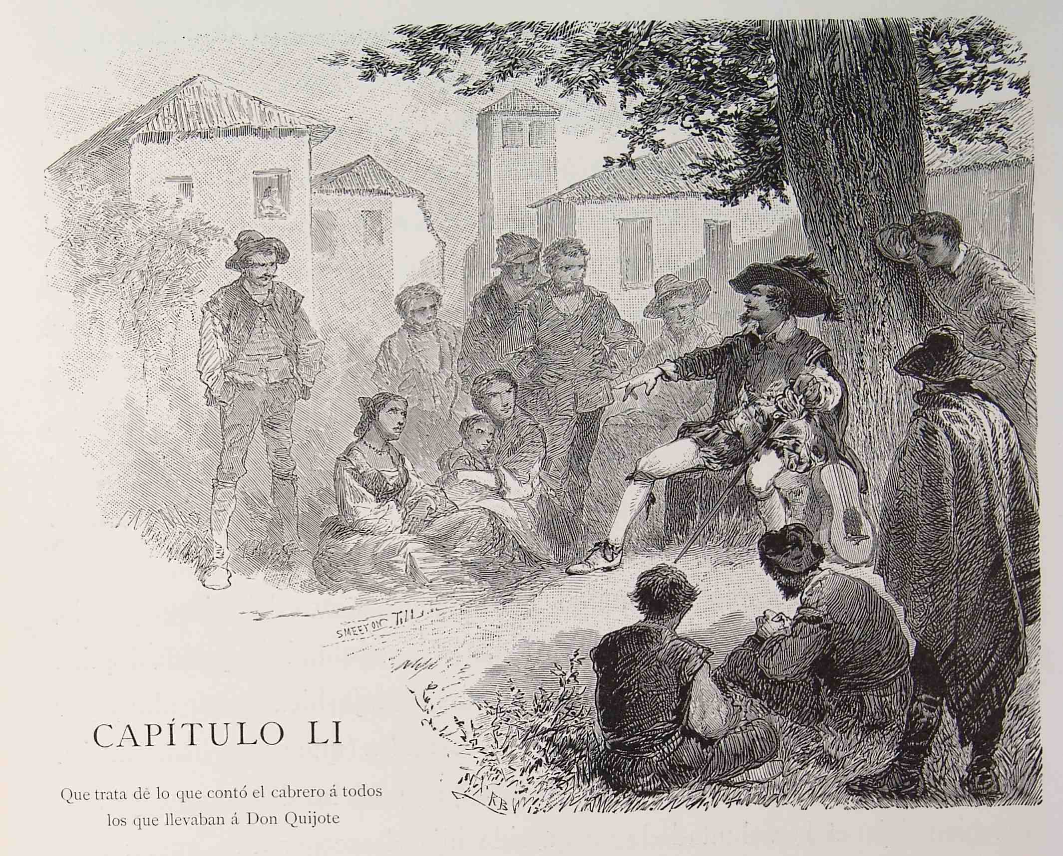 an old fashioned illustration shows people gathered in the woods