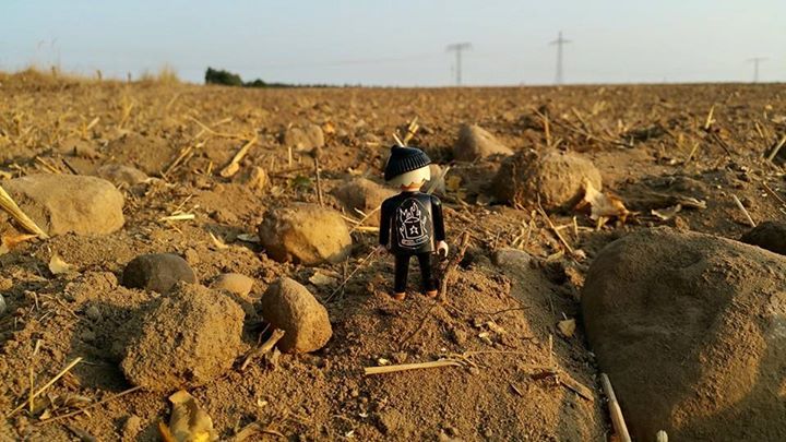 a toy doll standing among many rocks in a field