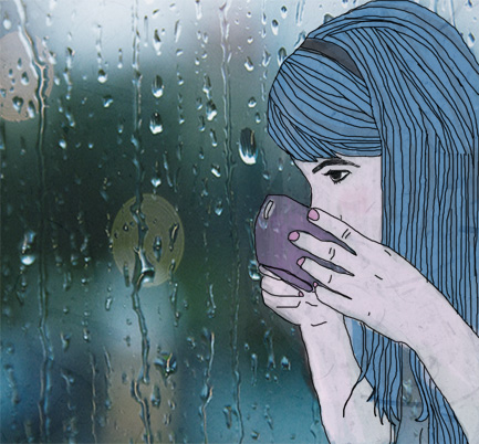 a woman's face is in front of a window with rain droplets on the glass