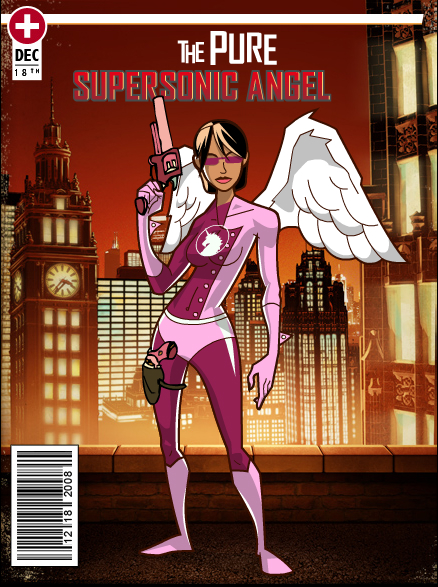 cartoon style comic cover featuring an angel holding a gun and a hoose