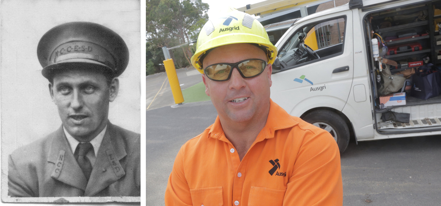 a man with an safety helmet and a pograph of another man