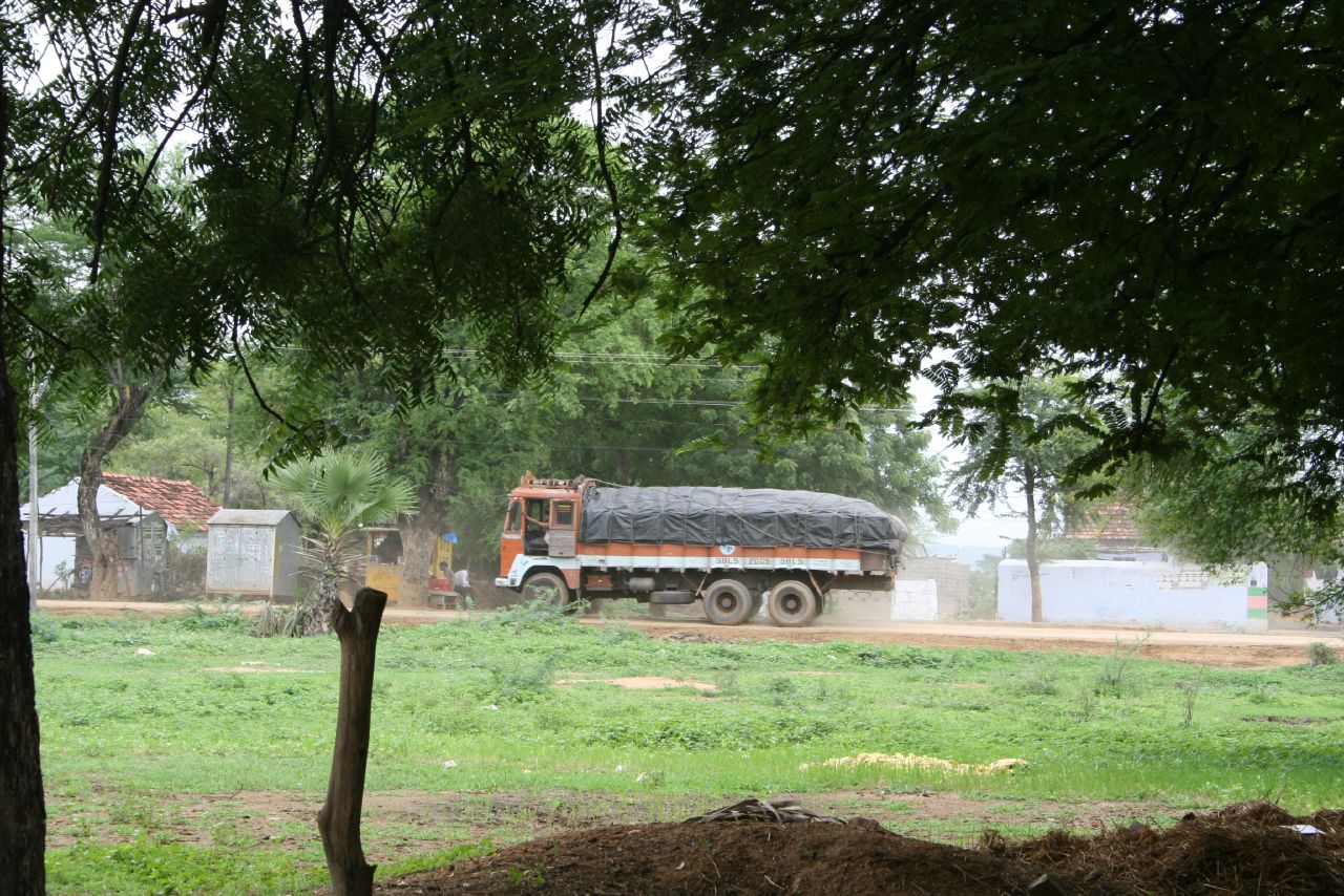 the dump truck is parked by the tree