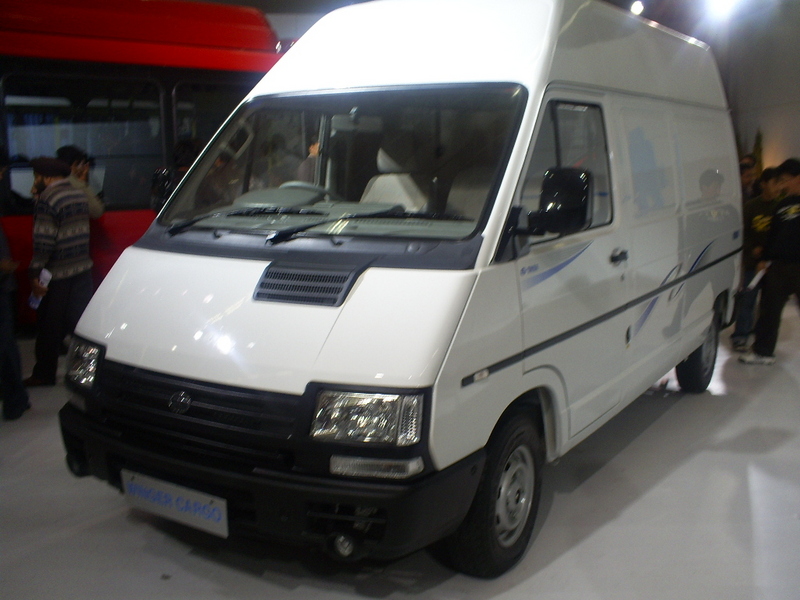 a white van with black and blue stripes