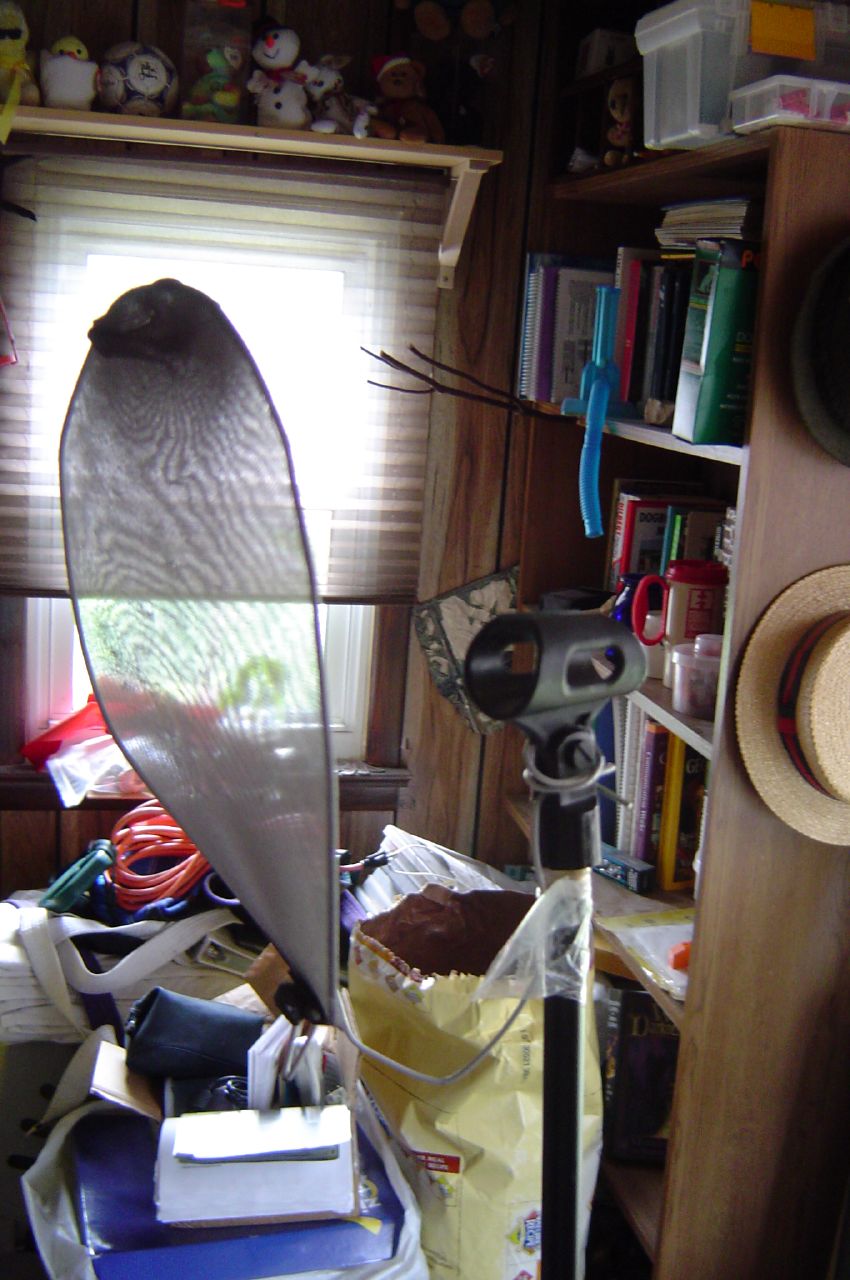 a cluttered bookshelf with a metal weather vane