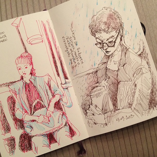 two sketches depicting a man in red shirt sitting on a bench