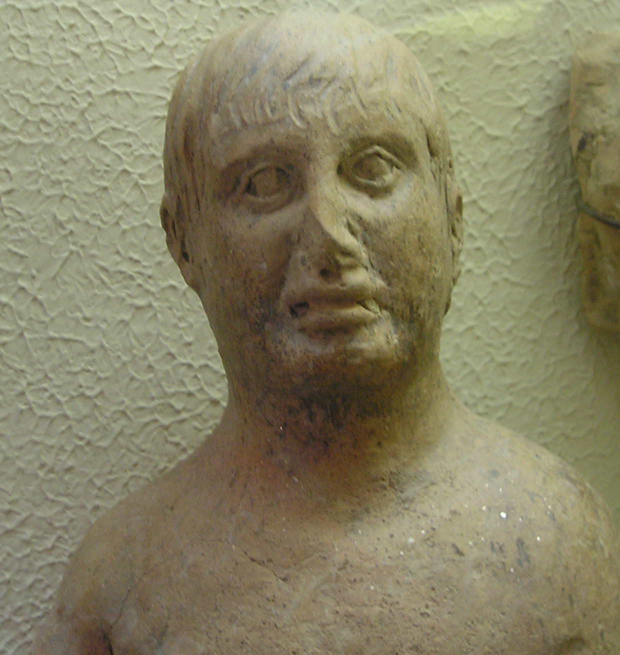 a bust of a man next to a wall