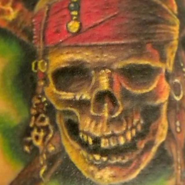 a close up view of a skull with earrings on