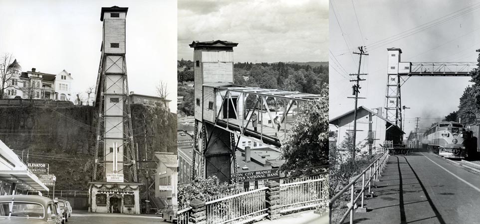 a split image shows different railroad tracks, buildings, and cars