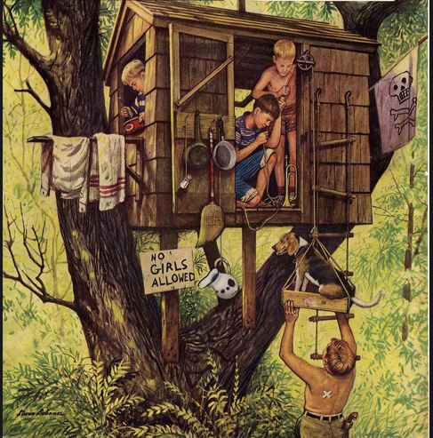 illustration by author of boys hanging from the top of their house