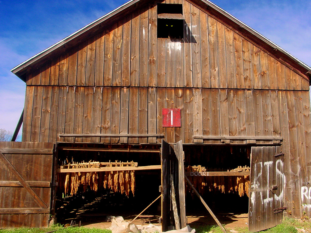 an old brown barn is filled with hay and barn accessories