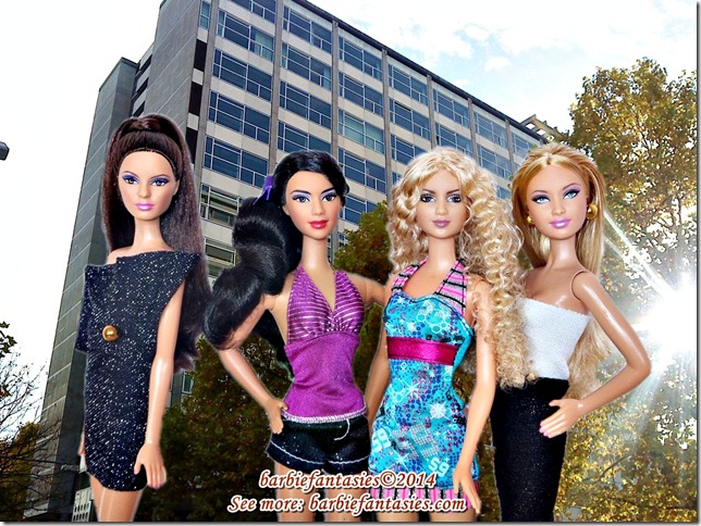 four barbies are posed together on the street