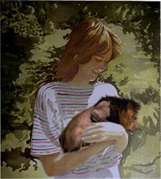 a painting shows a woman holding a cat while a dog sleeps