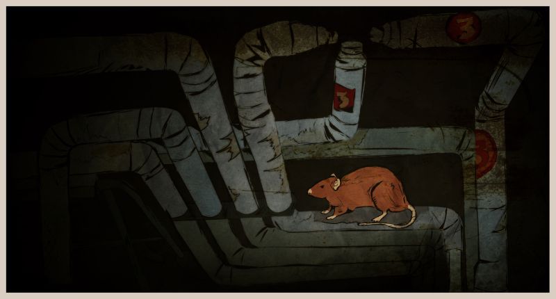 a mouse sitting on a platform in an empty room