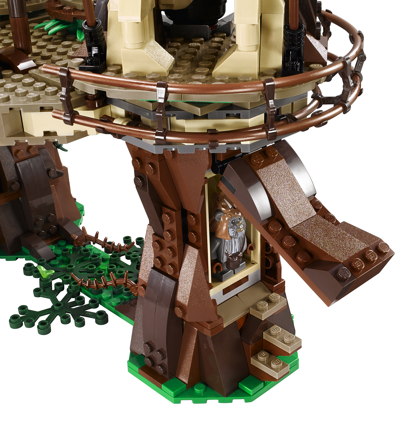 a lego treehouse with some toys and a white background