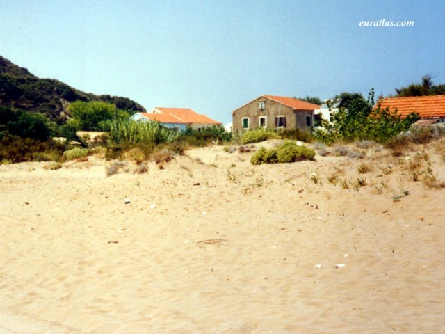 some houses are shown in the background on a beach