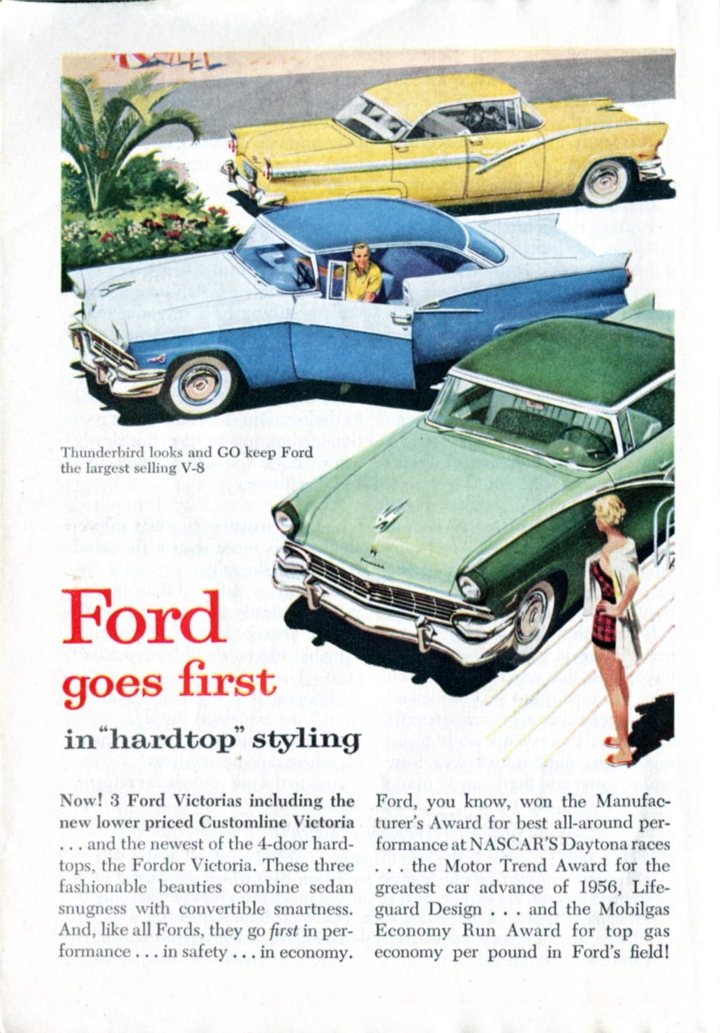 ford car advertit featuring three young women and three restored convertibles