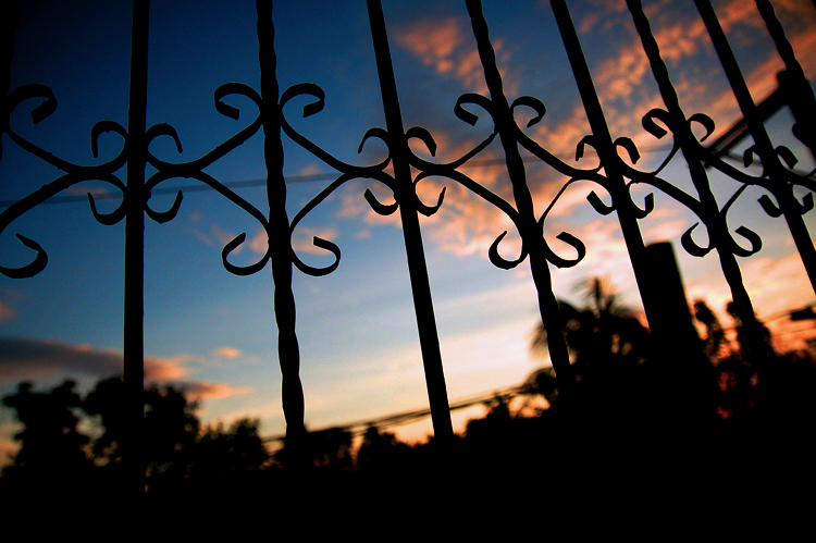 a sunset behind an ornate iron fence in silhouette