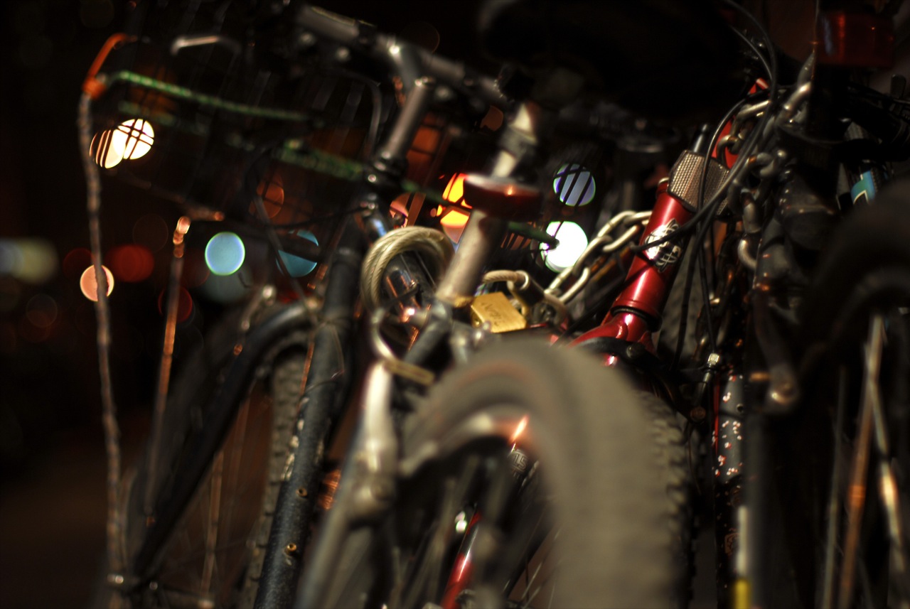 a close up po of many bikes at night