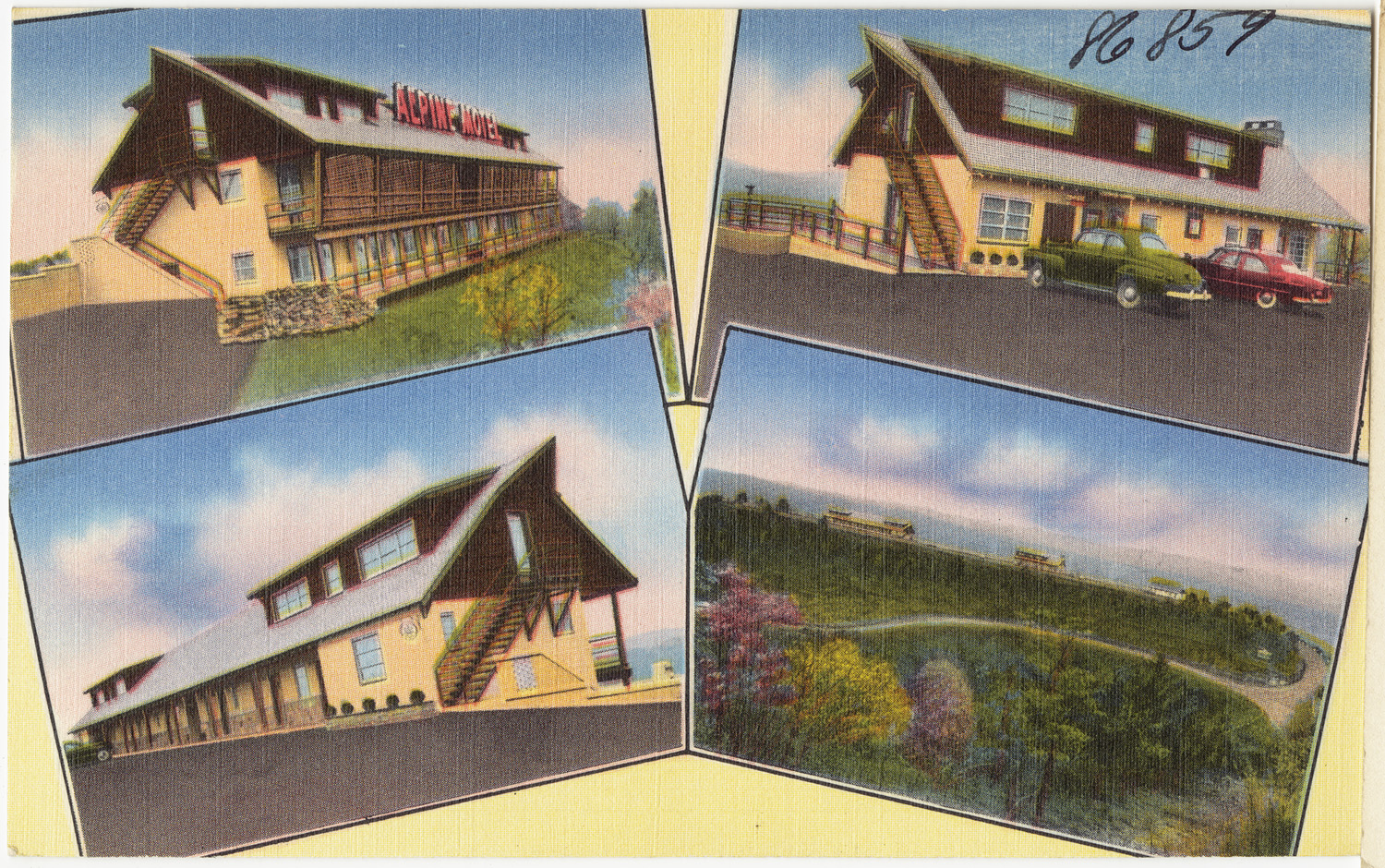 the postcard shows the houses and trees