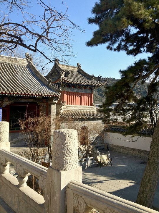 a chinese building sits next to an ornamental garden