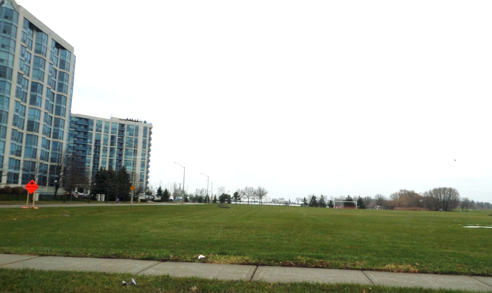 the park has two large blue buildings near by