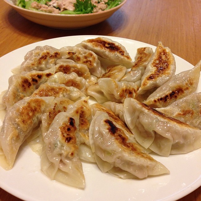 some dumplings on a plate and a small bowl