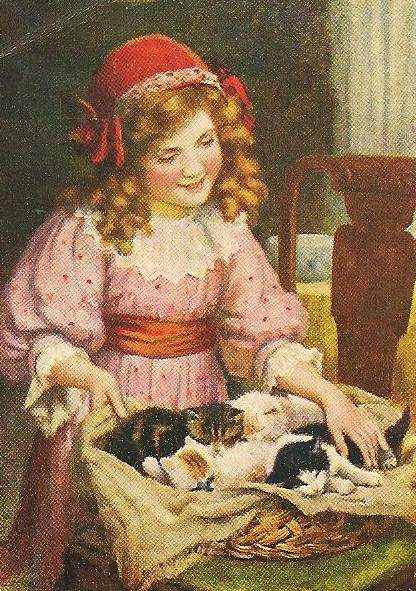a painting shows a  holding kittens