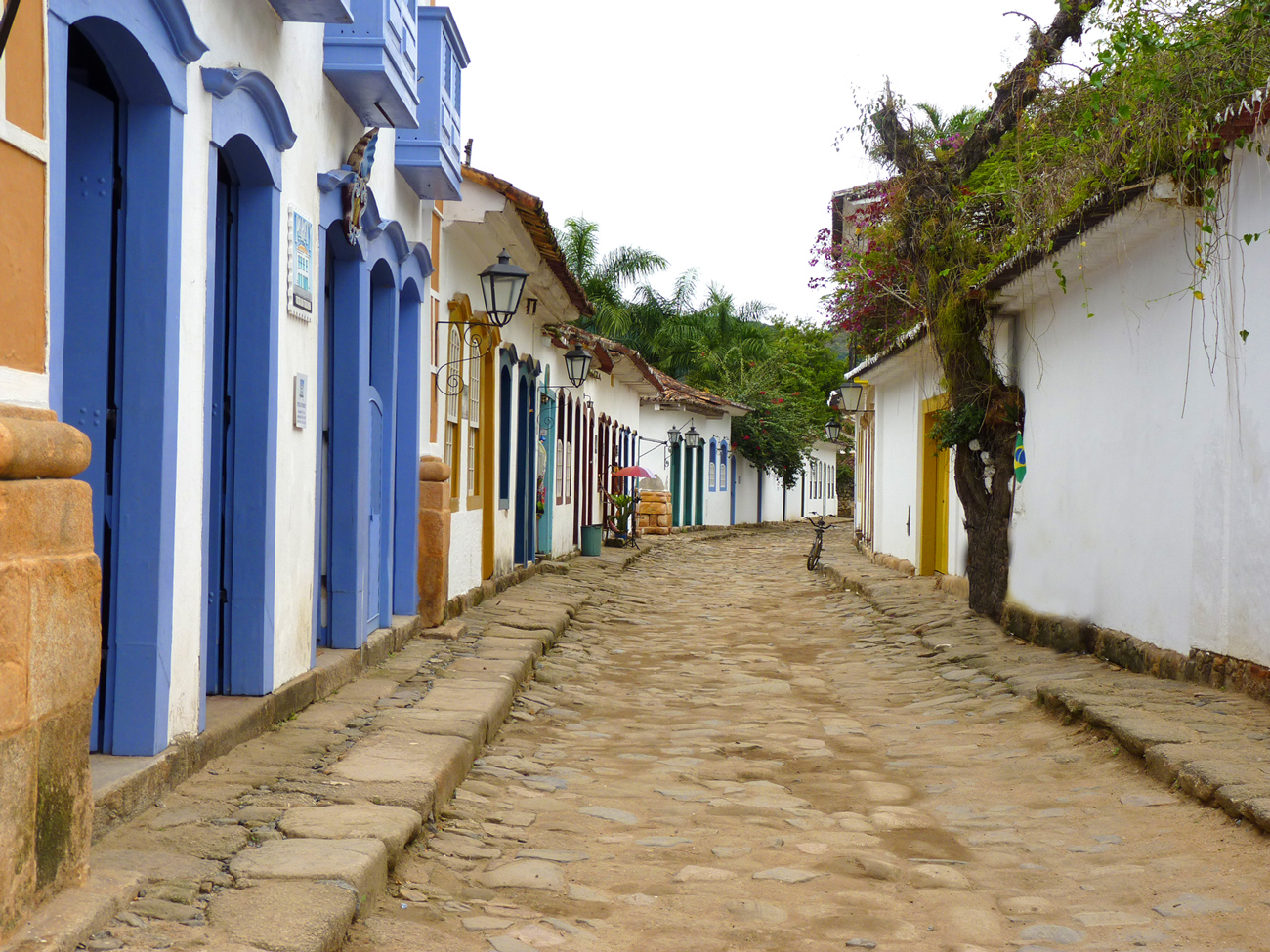 the cobblestone streets in this old town are colorful