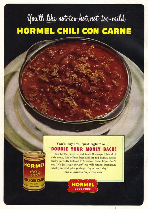 a poster advertising a canned chili with tortilla chips