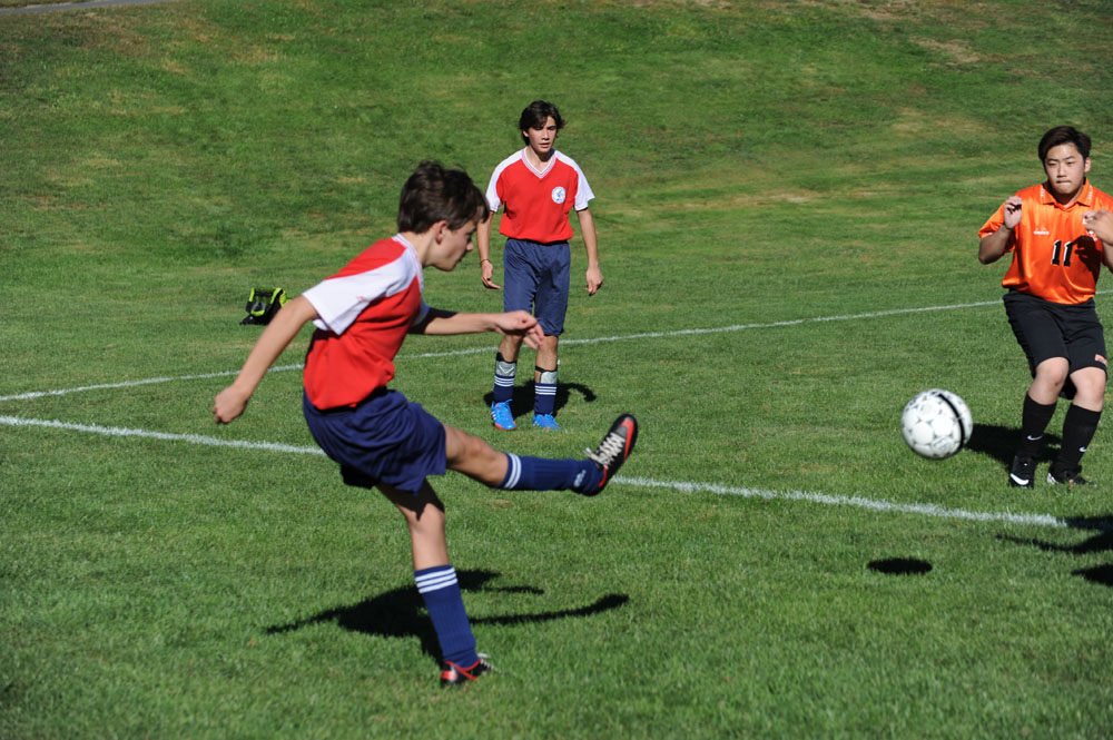 there are two teams in action on the soccer field