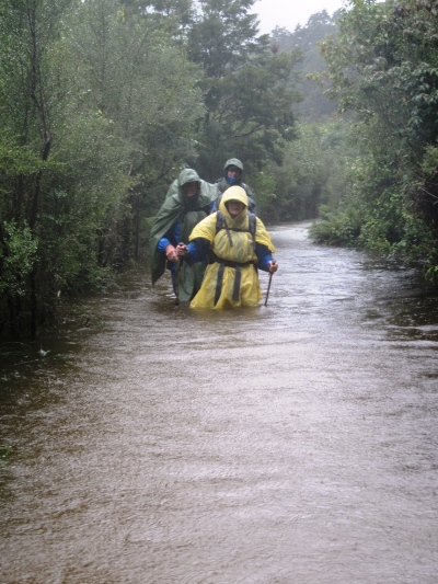 two people wearing yellow jackets walking in flood waters